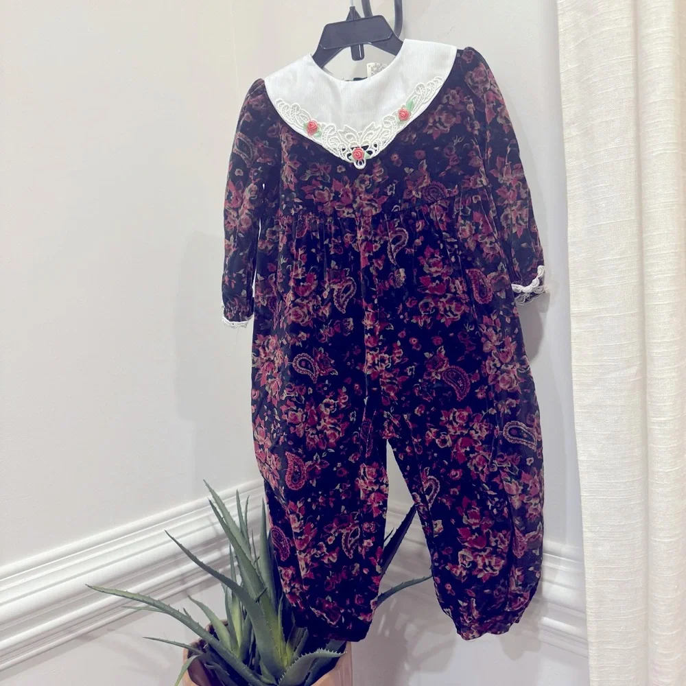 Vintage Velvet Embroidered Baby Romper Sz 24Month